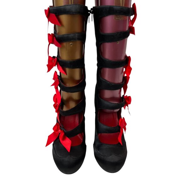 Funtasma Burlesque 129 high heels black satin red bows size 7 straps - Picture 2 of 11